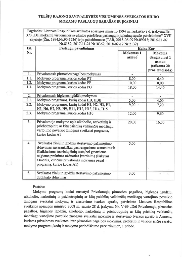 Mokamų paslaugų sąrašas ir įkainiai